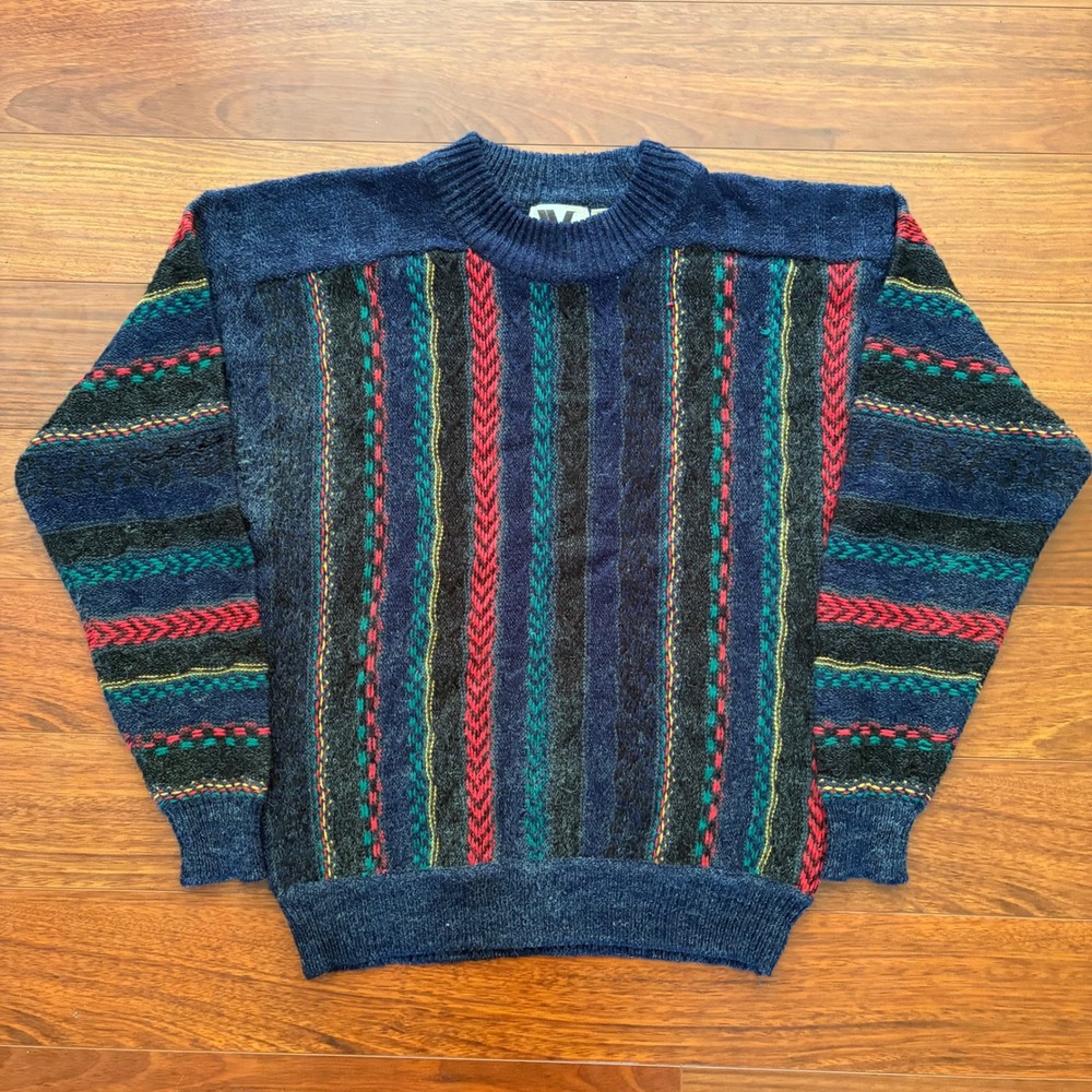 Vintage Wayne Scott Men's L 80s Multicolor Textured Knit Grandpa Sweater Korea